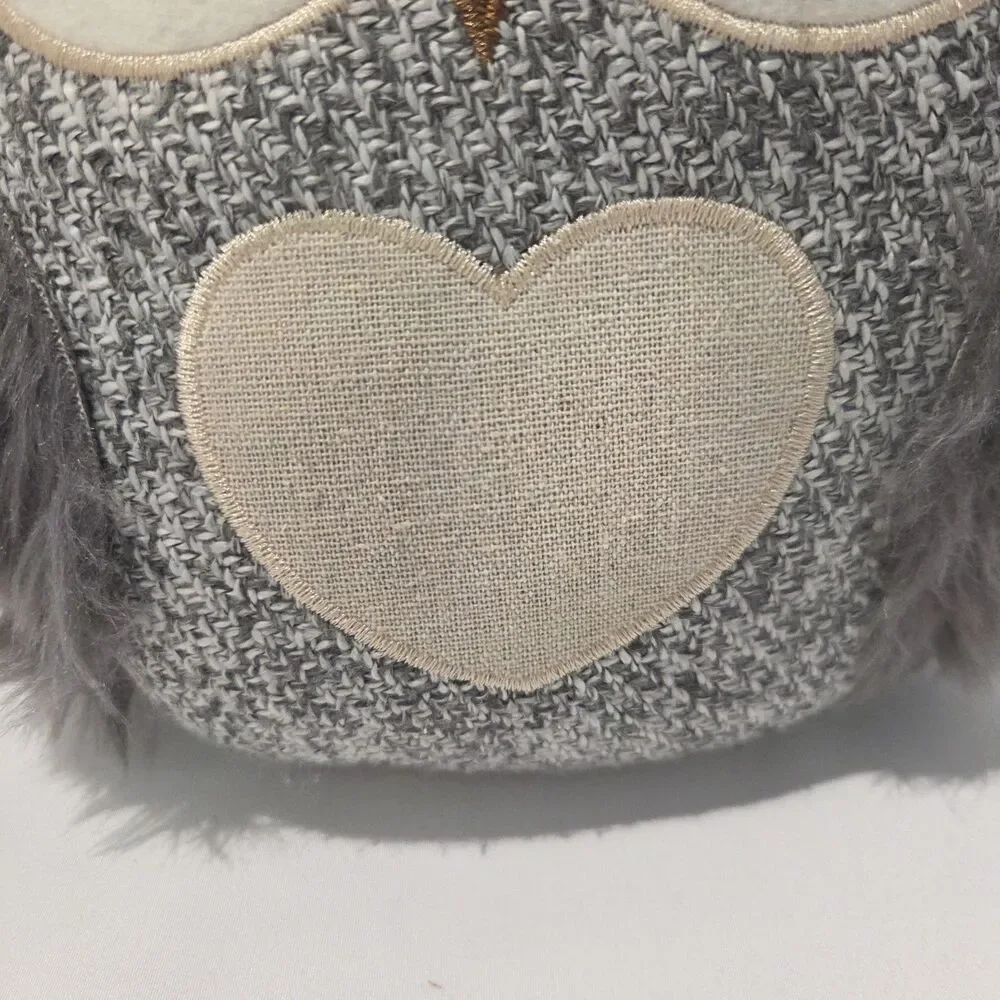 Owl Door Stopper Weighted Stuffed Gray Fluffy Fur Heart NWT